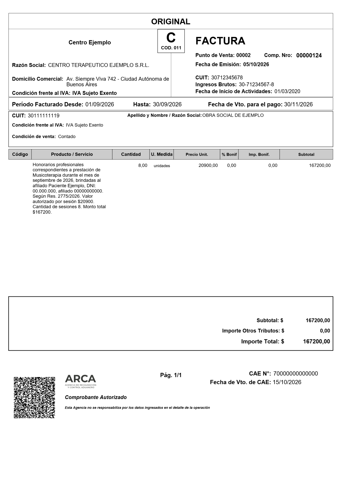 Comprobante de ejemplo con el diseño de ARCA y datos ficticios
